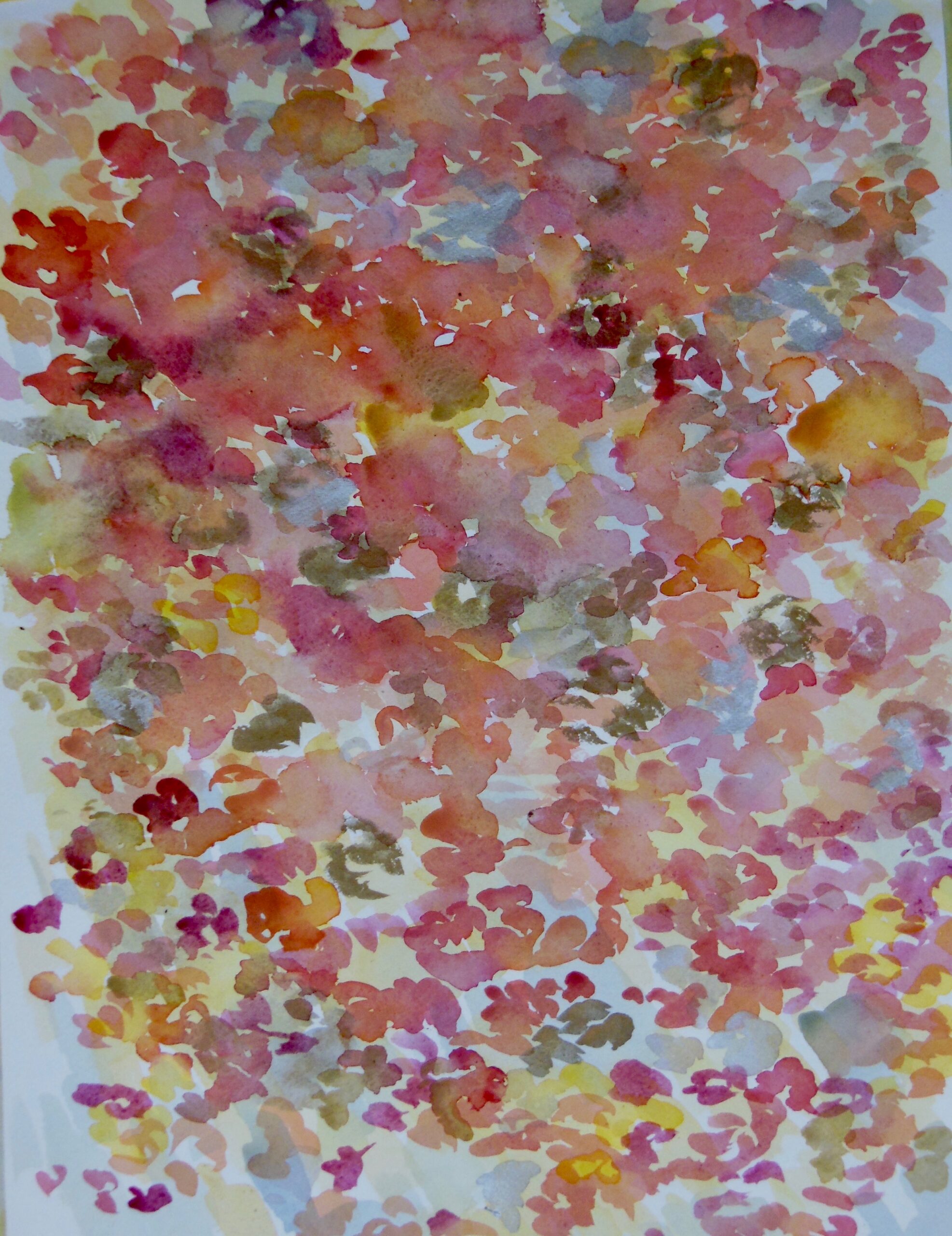 2001年の春の椿の落花をワトソン紙に京都の顔彩で抽象的に描いた作品です。